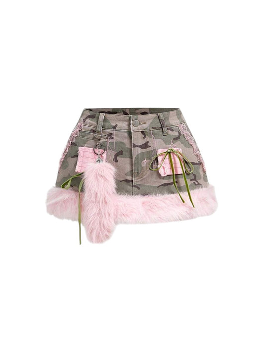 Army Green Y2K Camouflage Patchwork Fuzzy Low Rise Mini Denim Skirt