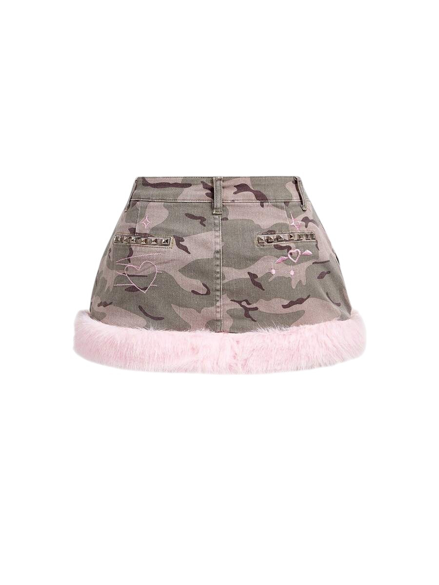 Army Green Y2K Camouflage Patchwork Fuzzy Low Rise Mini Denim Skirt
