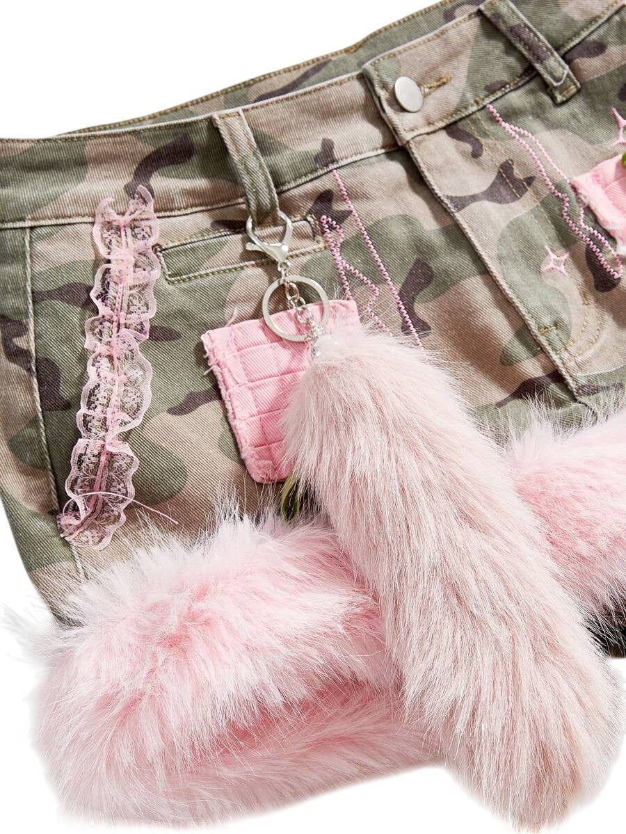 Army Green Y2K Camouflage Patchwork Fuzzy Low Rise Mini Denim Skirt