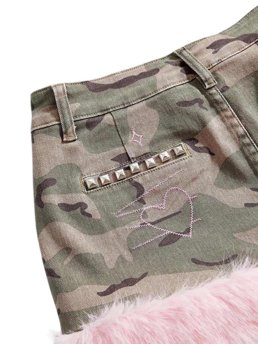Army Green Y2K Camouflage Patchwork Fuzzy Low Rise Mini Denim Skirt