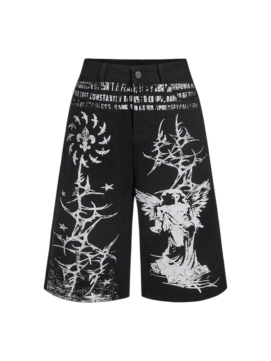 Women's Dark Punk Graphic Wide-Leg Denim Jeans