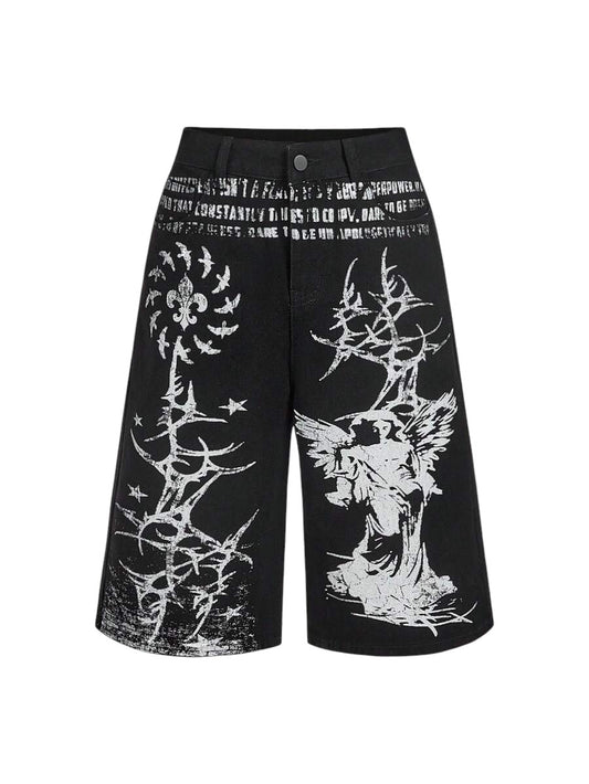Women's Dark Punk Graphic Wide-Leg Denim Jeans