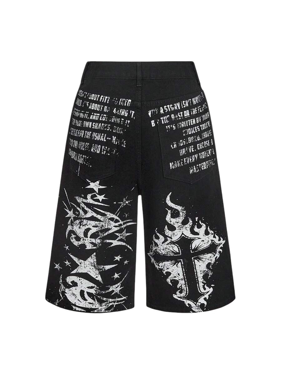 Women's Dark Punk Graphic Wide-Leg Denim Jeans