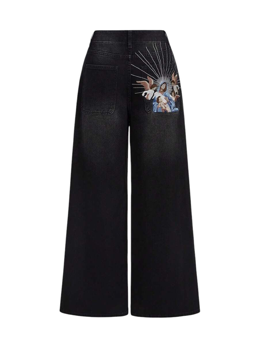 Vintage Gothic Virgin Mary Angel Embroidered Oversized Extra Long Jeans