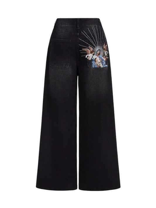 Vintage Gothic Virgin Mary Angel Embroidered Oversized Extra Long Jeans