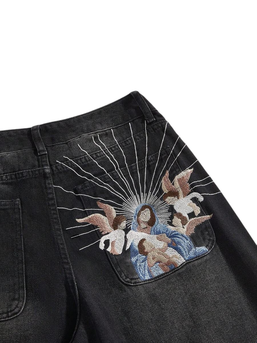 Vintage Gothic Virgin Mary Angel Embroidered Oversized Extra Long Jeans