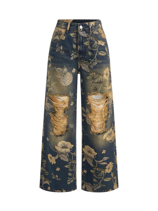 Blue Fairycore Vintage Floral Print Washed Loose Wide Leg Denim Jeans