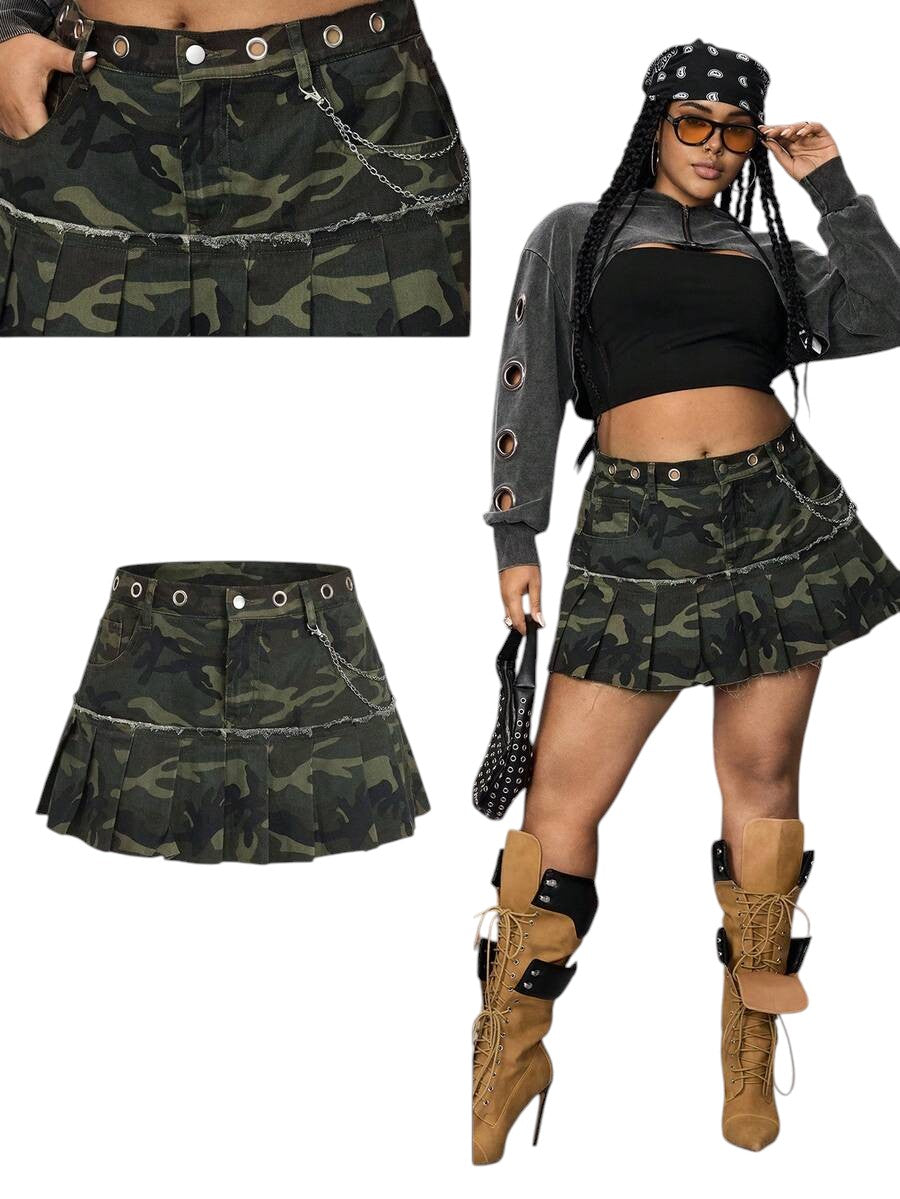 Plus Size Camouflage Star Chain Pleated Denim Mini Skirt