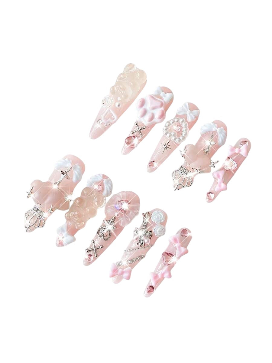 20pcs Kawaii Bear Bow Cat Paw Almond Press-On Nails Set