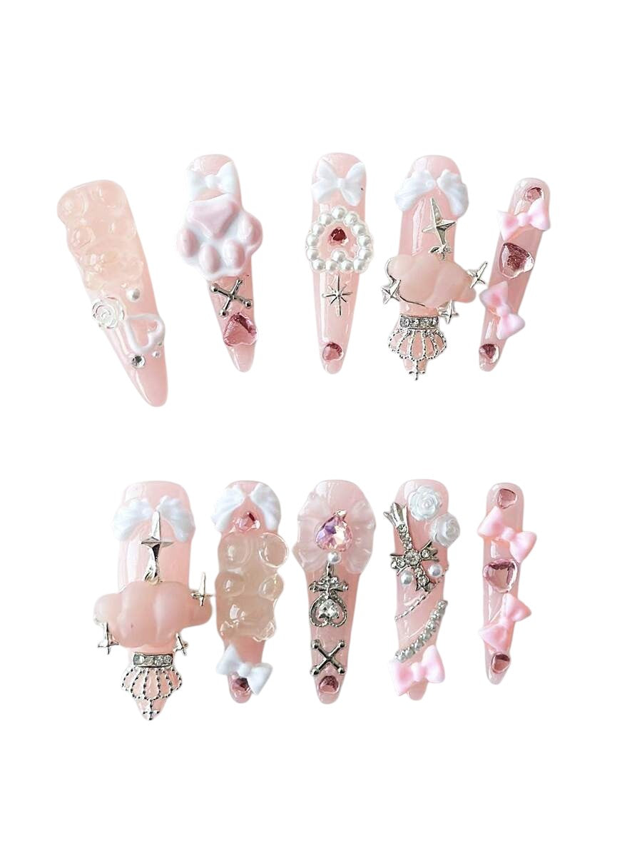 20pcs Kawaii Bear Bow Cat Paw Almond Press-On Nails Set