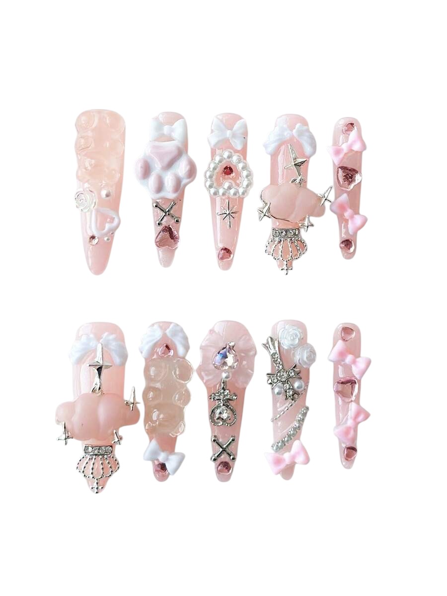 20pcs Kawaii Bear Bow Cat Paw Almond Press-On Nails Set