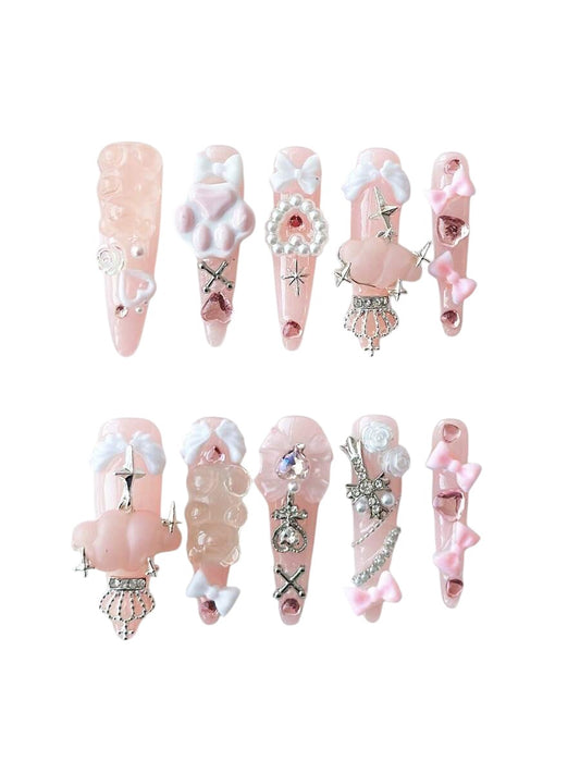 20pcs Kawaii Bear Bow Cat Paw Almond Press-On Nails Set
