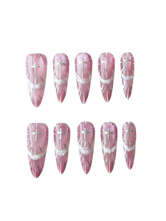 20pcs Y2K Pink Cat Eye Cross French Almond Press-On Nails Set