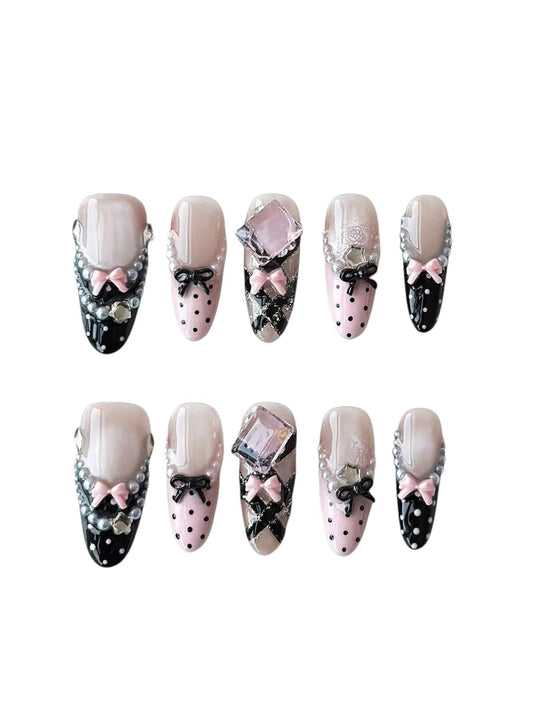 20pcs Ballet Cat Eye Bow Star French Almond Press-On Nails Set