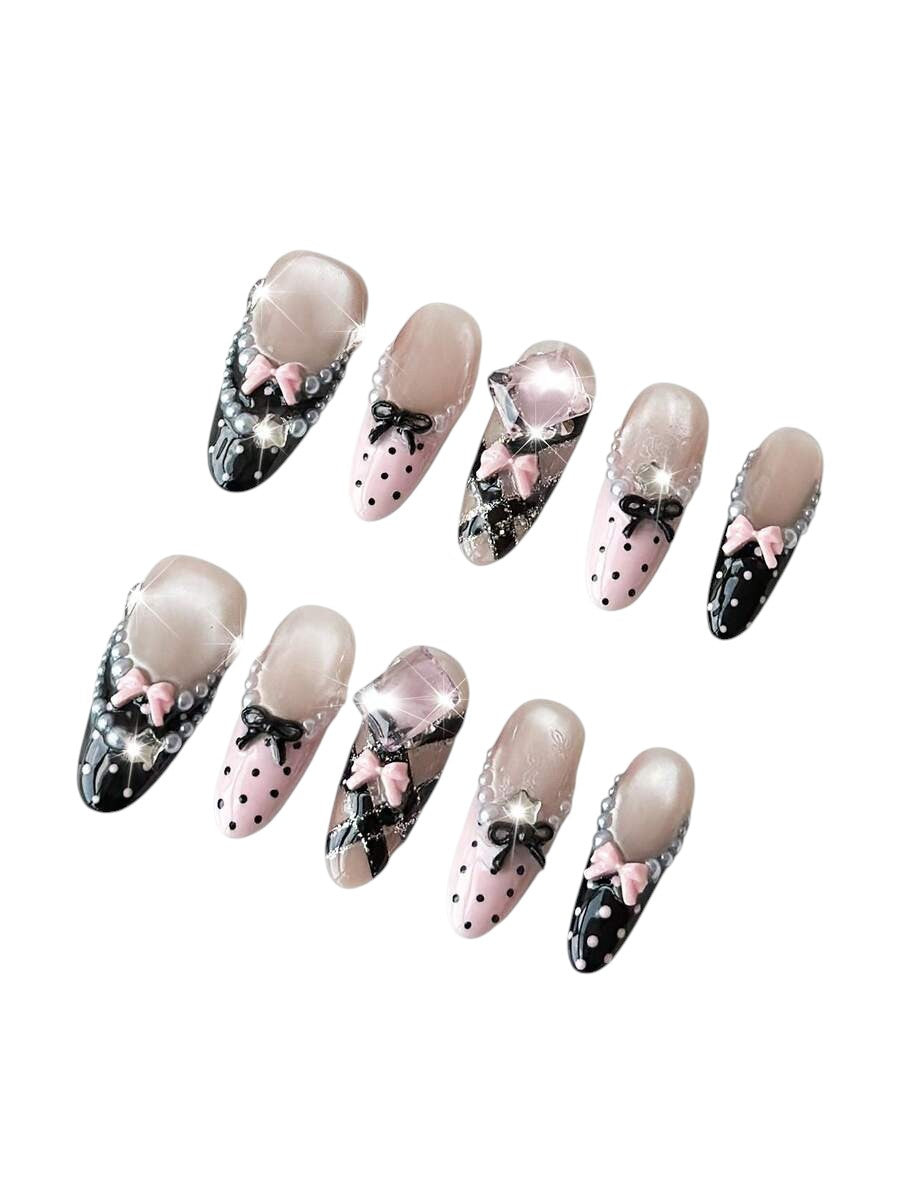 20pcs Ballet Cat Eye Bow Star French Almond Press-On Nails Set
