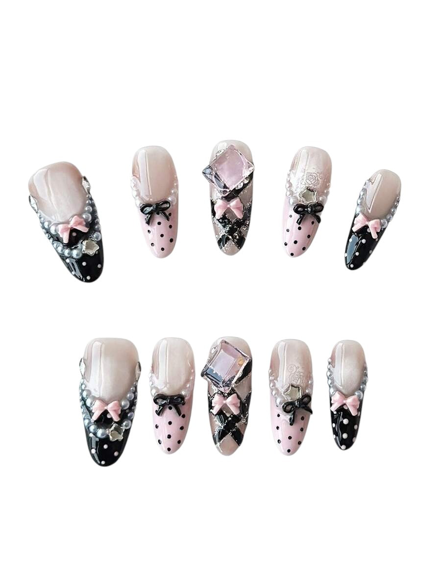20pcs Ballet Cat Eye Bow Star French Almond Press-On Nails Set