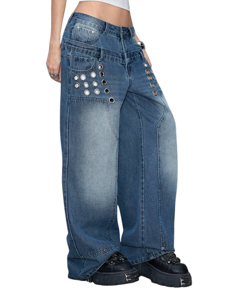 Y2K Low Rise Wide Waistband Grommet Washed Loose Denim Jeans