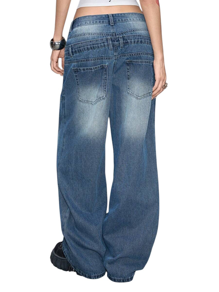Y2K Low Rise Wide Waistband Grommet Washed Loose Denim Jeans