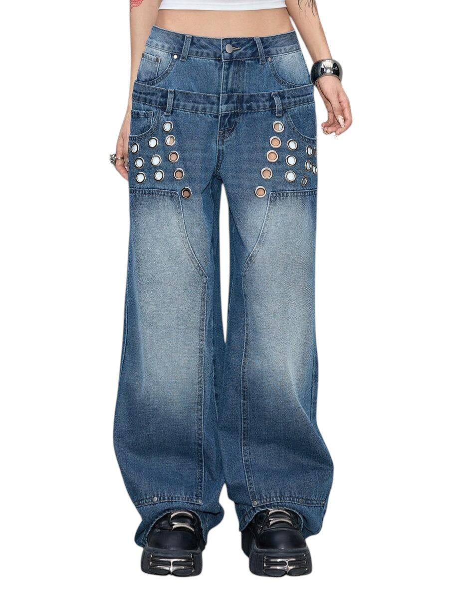 Y2K Low Rise Wide Waistband Grommet Washed Loose Denim Jeans