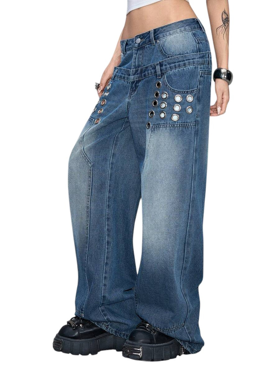 Y2K Low Rise Wide Waistband Grommet Washed Loose Denim Jeans