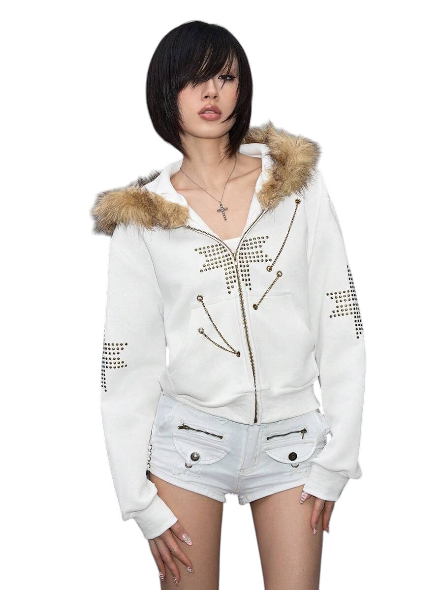 Retro Punk Faux Fur Chain Rivet Patchwork Sweatshirt