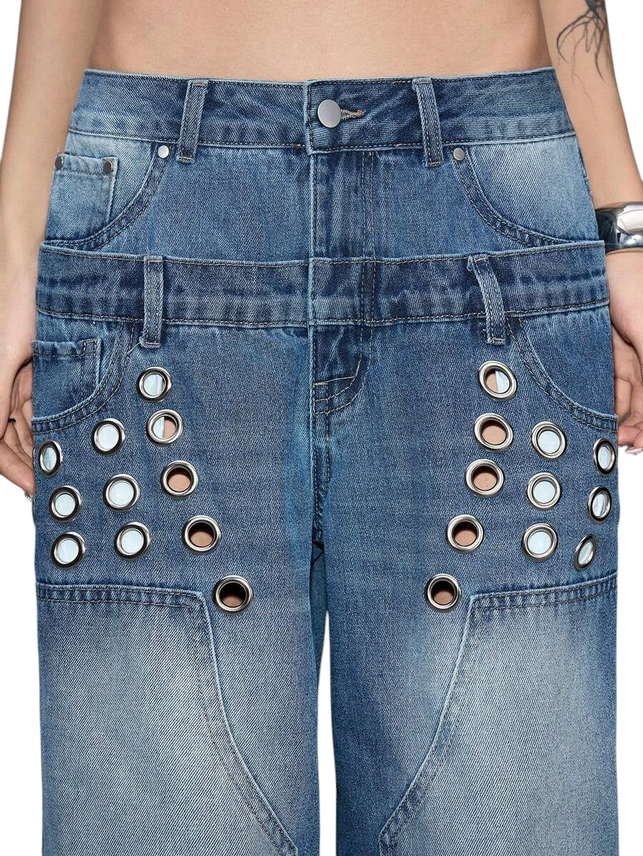 Y2K Low Rise Wide Waistband Grommet Washed Loose Denim Jeans