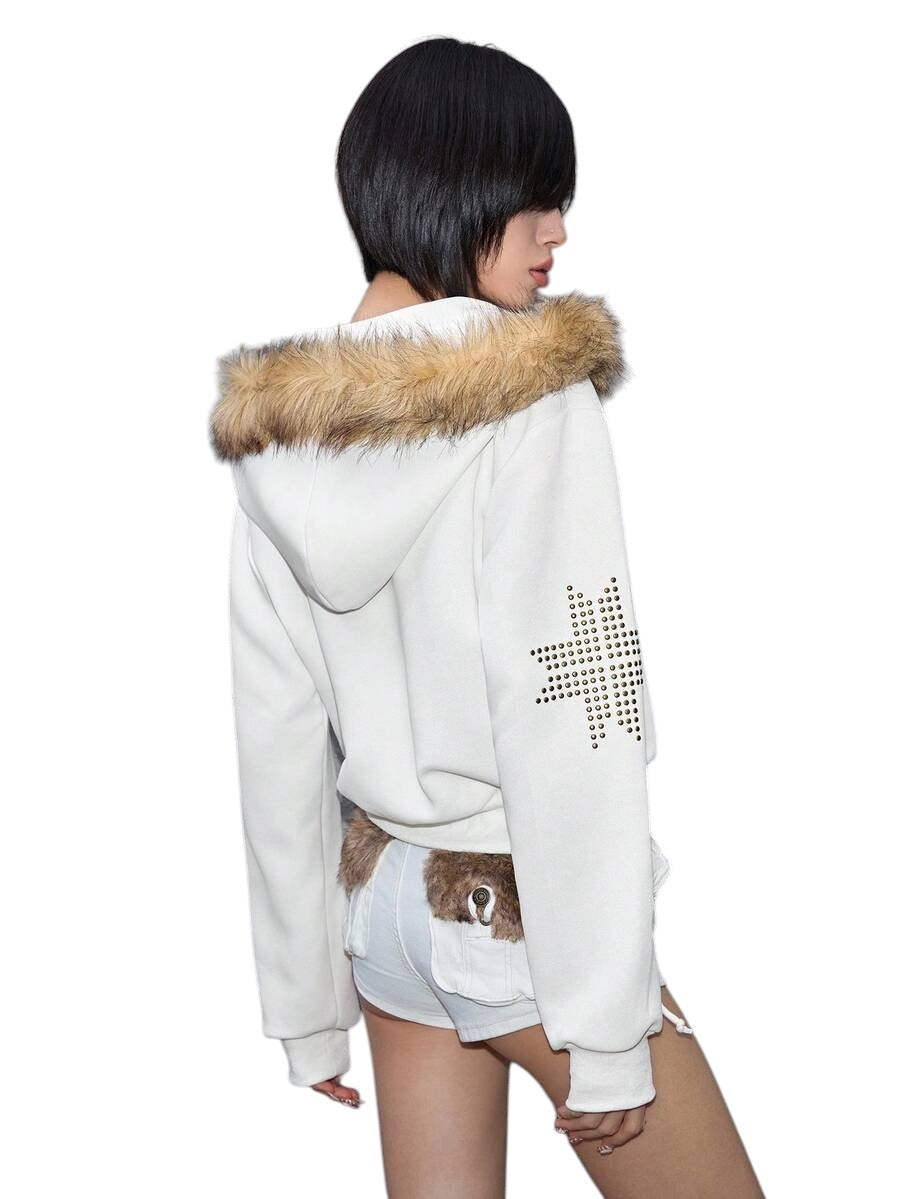 Retro Punk Faux Fur Chain Rivet Patchwork Sweatshirt