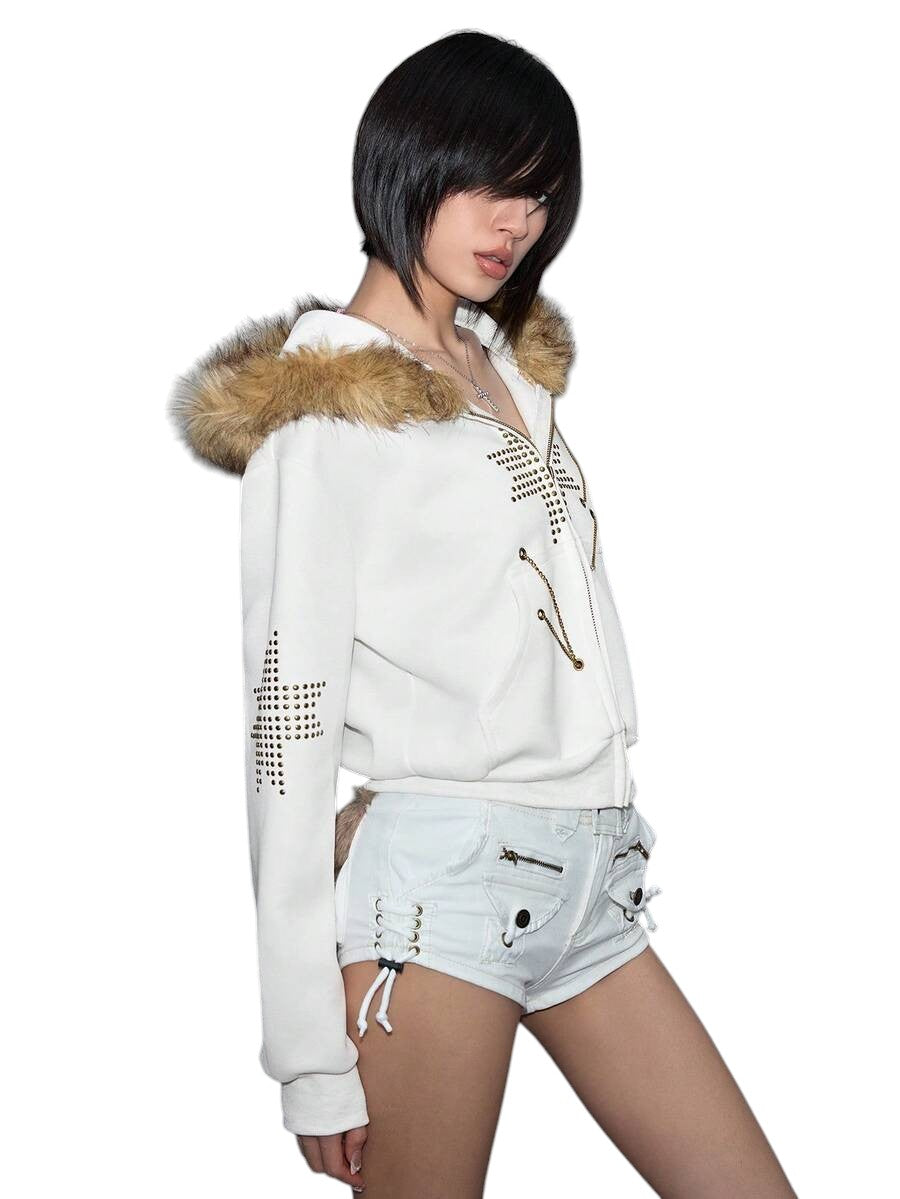 Retro Punk Faux Fur Chain Rivet Patchwork Sweatshirt