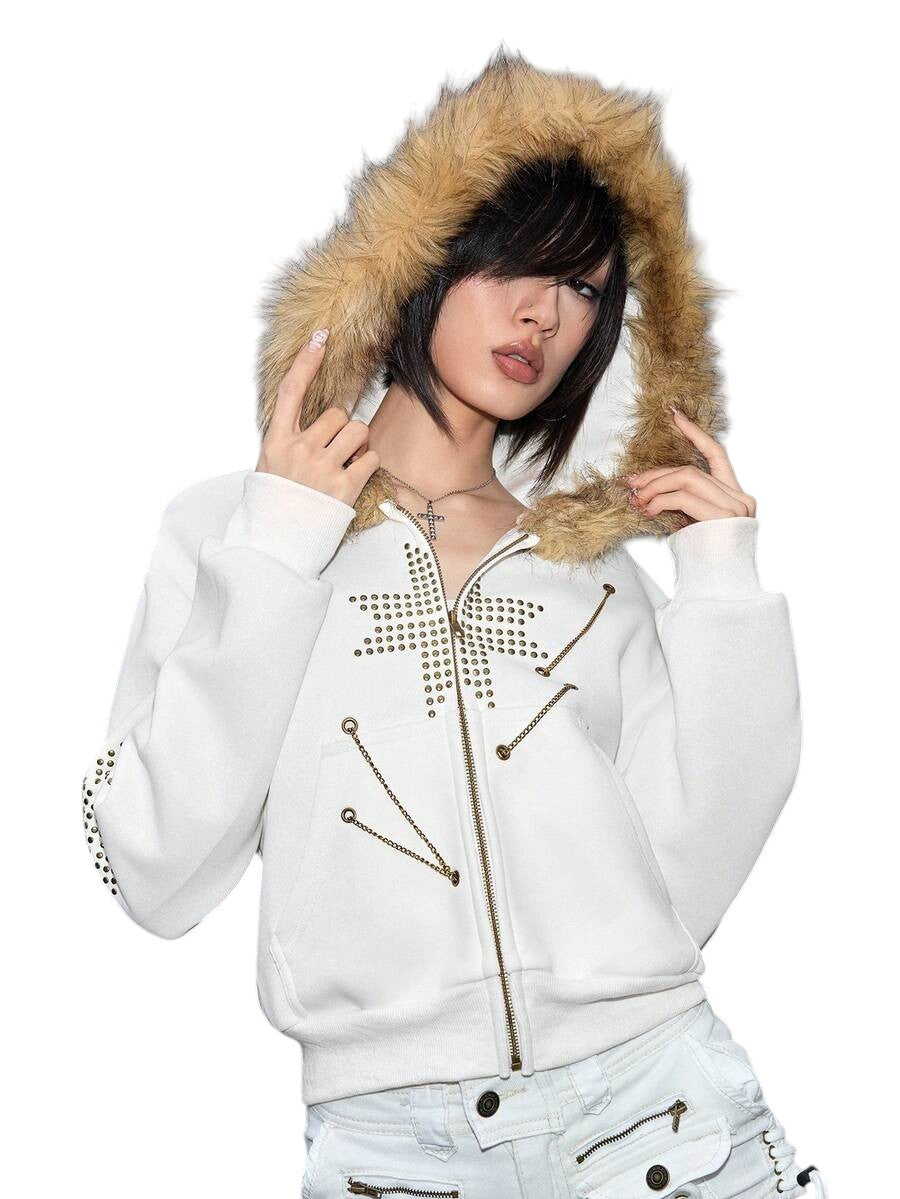 Retro Punk Faux Fur Chain Rivet Patchwork Sweatshirt