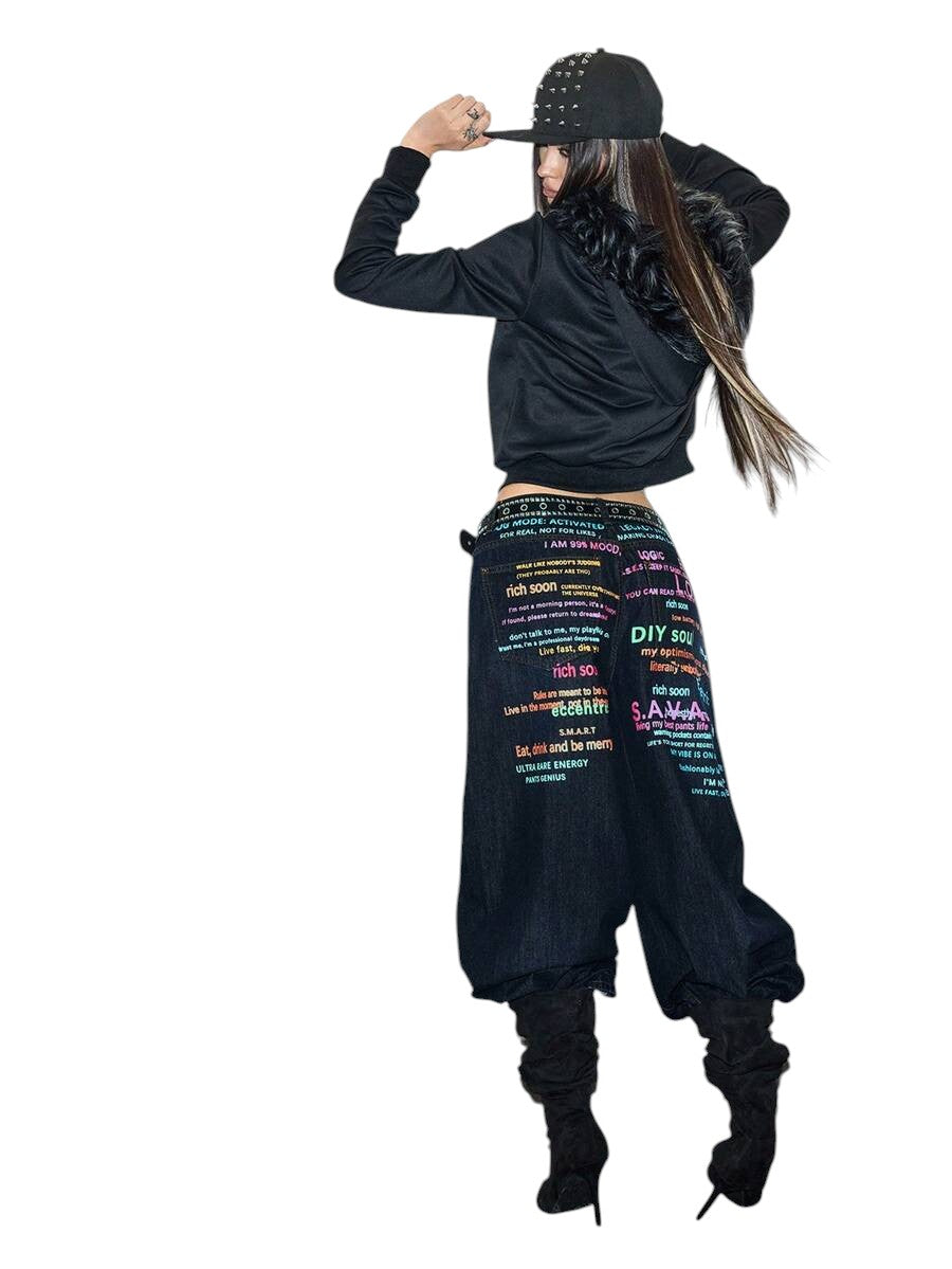 Y2K Colorful Slogan Print Relaxed Wide Leg Denim Jeans