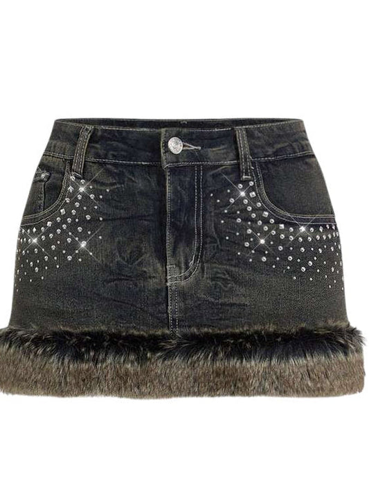 Women's Faux Fur Trim Low-Waist Denim Mini Skirt
