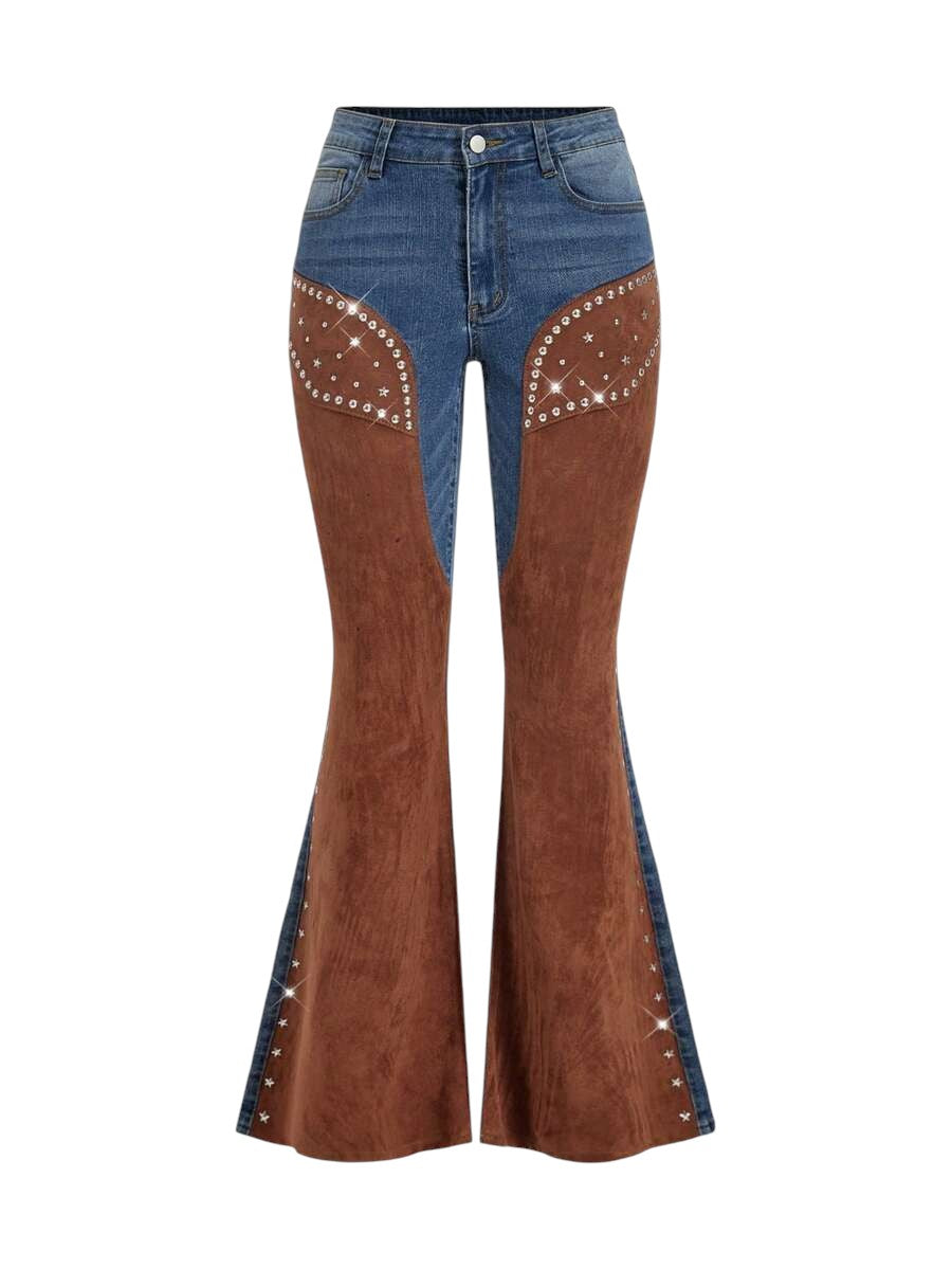 Women's Western Cowgirl Suede Patchwork Studded Flare Jeans