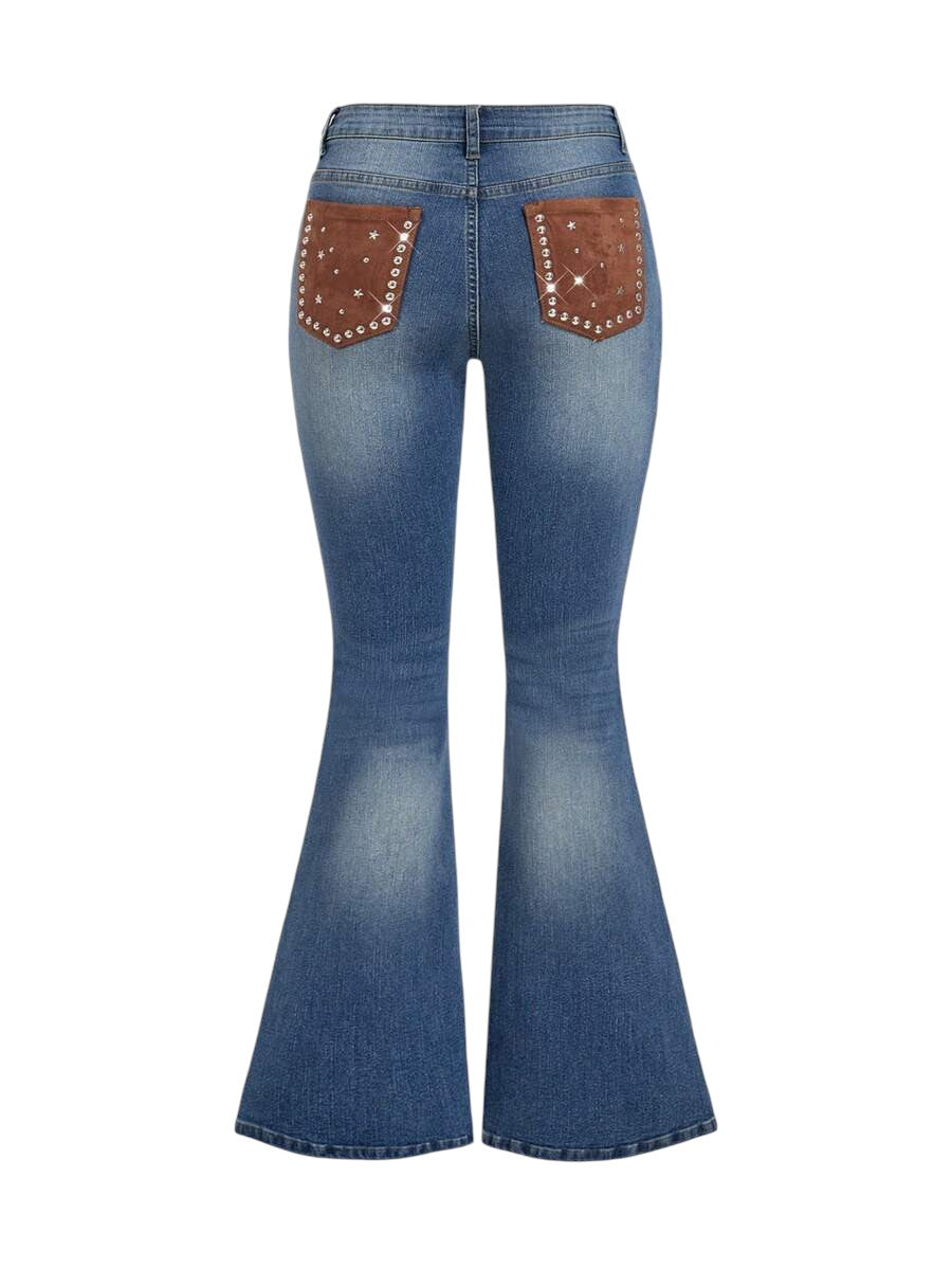 Women's Western Cowgirl Suede Patchwork Studded Flare Jeans
