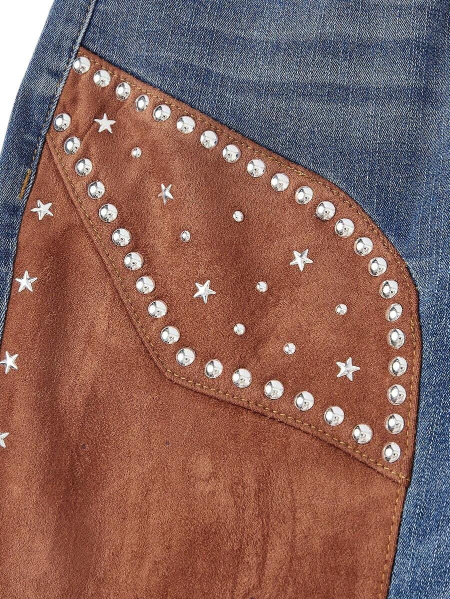 Women's Western Cowgirl Suede Patchwork Studded Flare Jeans