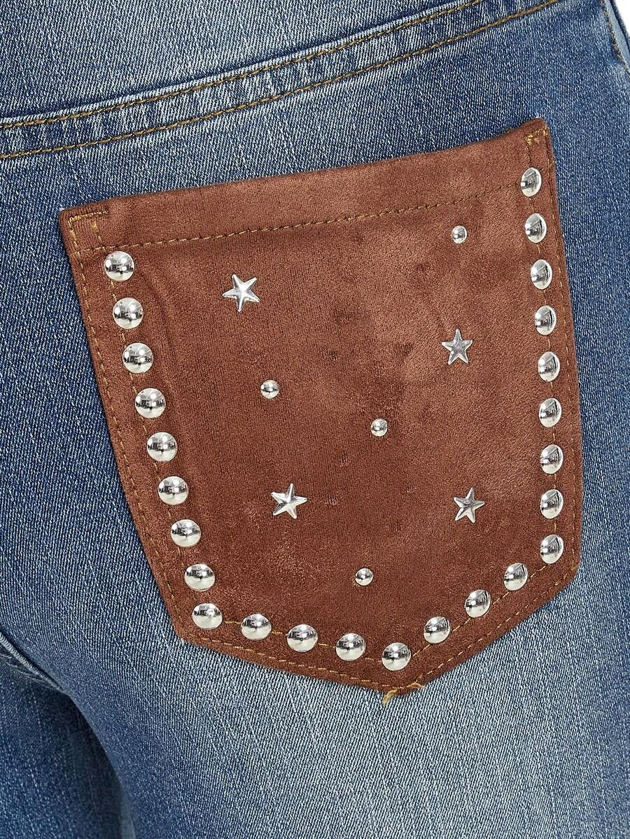 Women's Western Cowgirl Suede Patchwork Studded Flare Jeans
