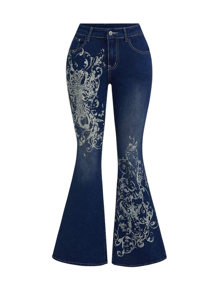 Navy Blue Vintage Cross Vine Print Low Rise Bell Bottom Jeans