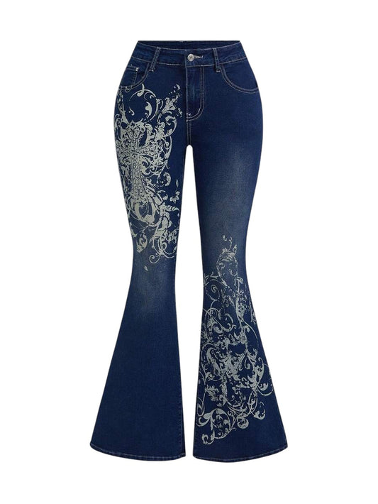 Navy Blue Vintage Cross Vine Print Low Rise Bell Bottom Jeans