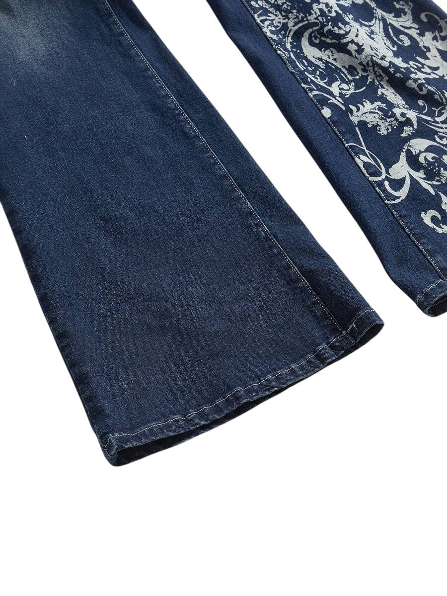 Navy Blue Vintage Cross Vine Print Low Rise Bell Bottom Jeans