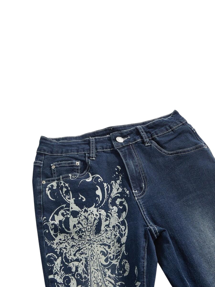 Navy Blue Vintage Cross Vine Print Low Rise Bell Bottom Jeans