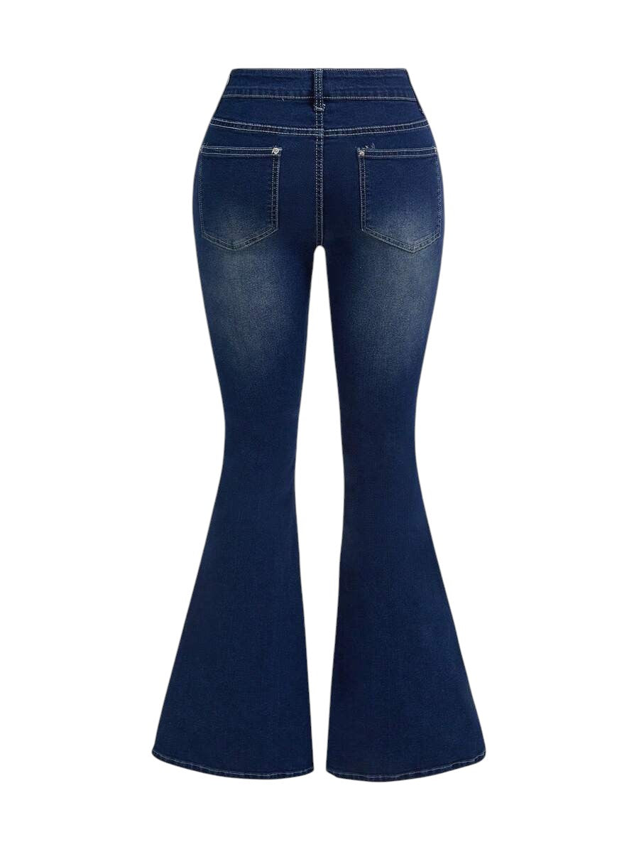 Navy Blue Vintage Cross Vine Print Low Rise Bell Bottom Jeans