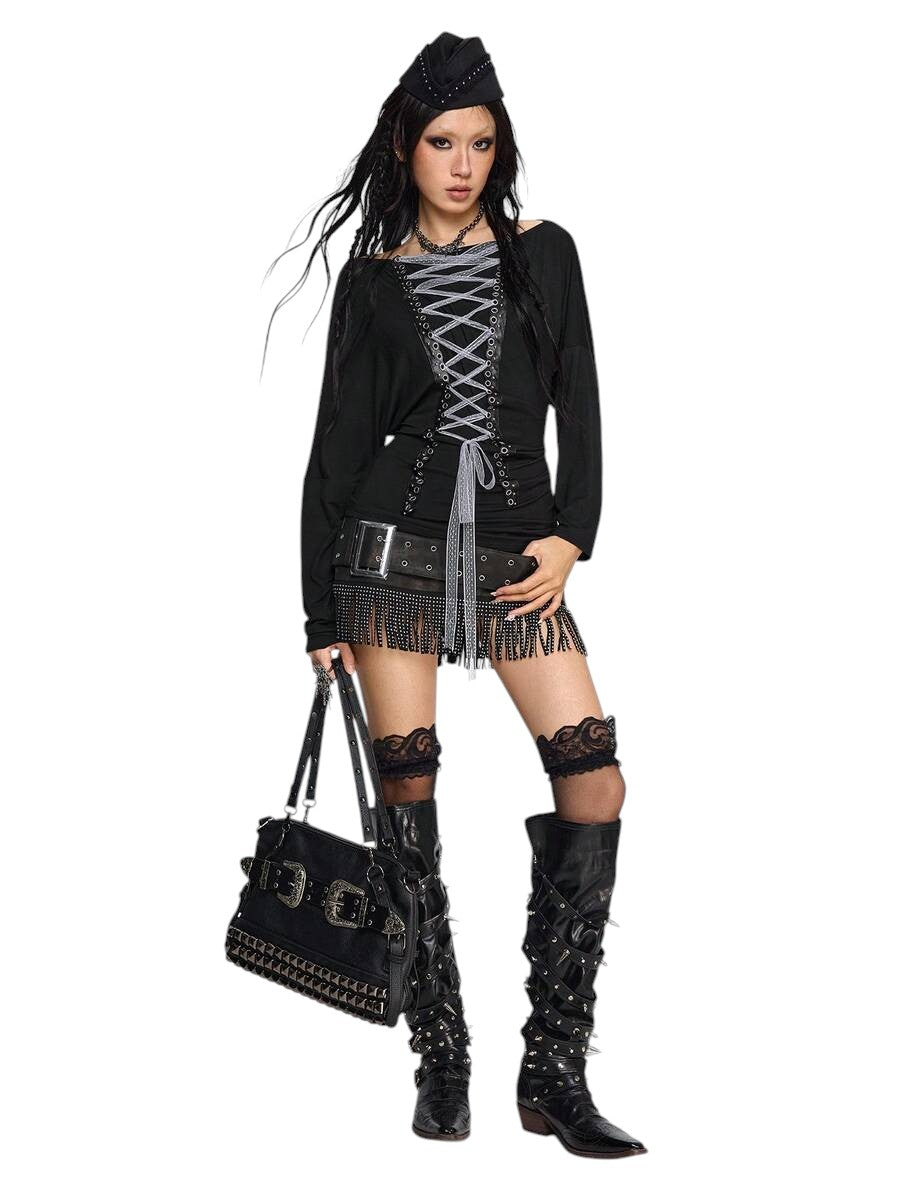 Women's Dark Punk Off-Shoulder Long Sleeve Graphic Tie Top