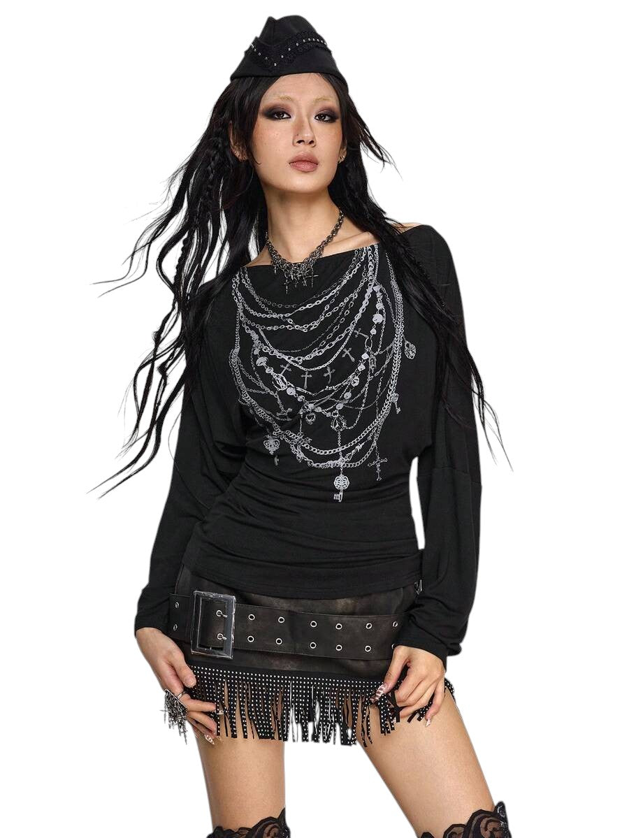 Women's Dark Punk Off-Shoulder Long Sleeve Graphic Tie Top