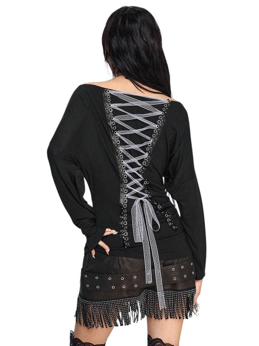 Women's Dark Punk Off-Shoulder Long Sleeve Graphic Tie Top