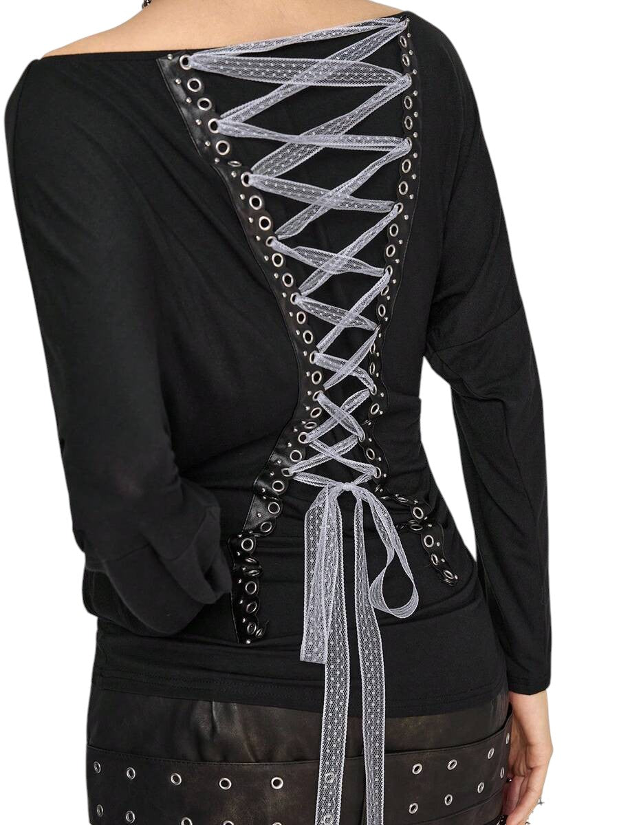 Women's Dark Punk Off-Shoulder Long Sleeve Graphic Tie Top