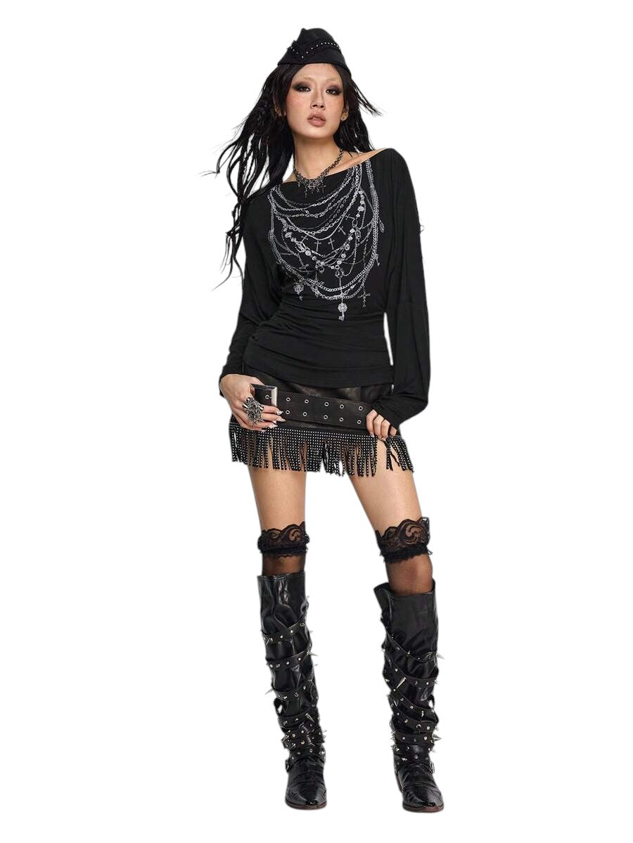 Women's Dark Punk Off-Shoulder Long Sleeve Graphic Tie Top