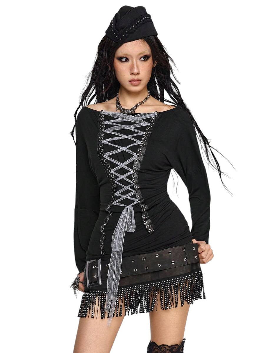 Women's Dark Punk Off-Shoulder Long Sleeve Graphic Tie Top