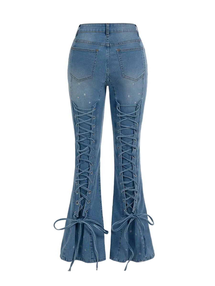 Women’s Light Wash Distressed Flare Jeans with Adjustable Waist
