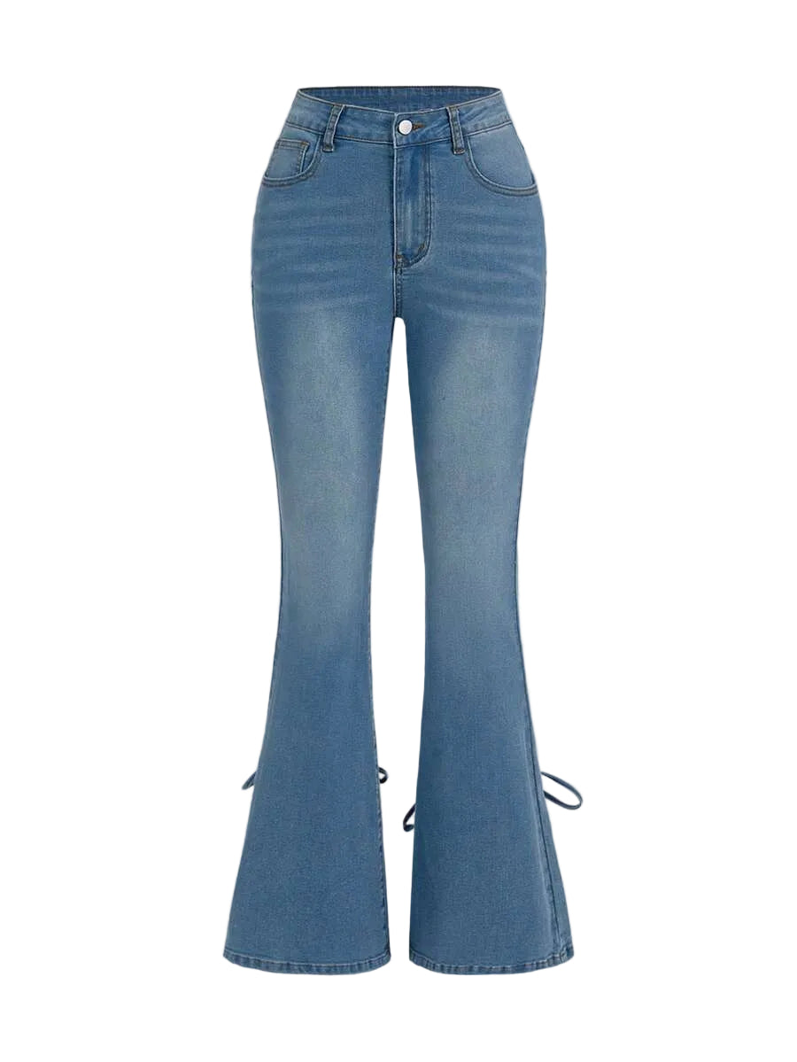Women’s Light Wash Distressed Flare Jeans with Adjustable Waist