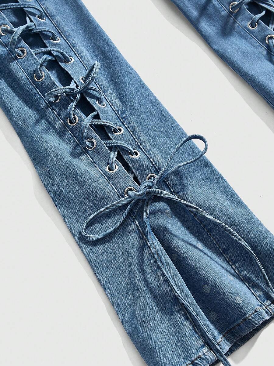 Women’s Light Wash Distressed Flare Jeans with Adjustable Waist