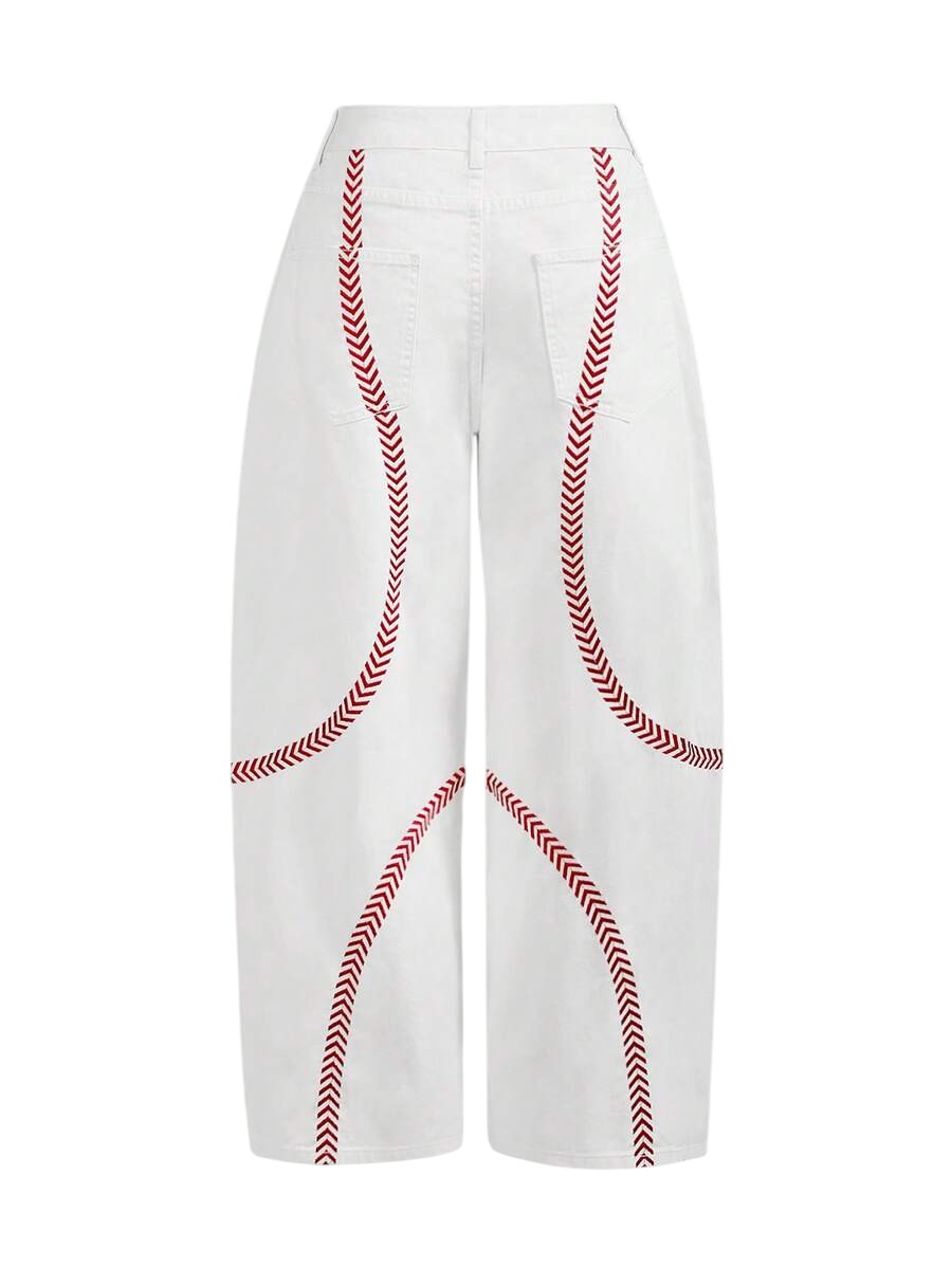 Y2K White Low Rise Red Embroidered Loose Fit Denim Jeans